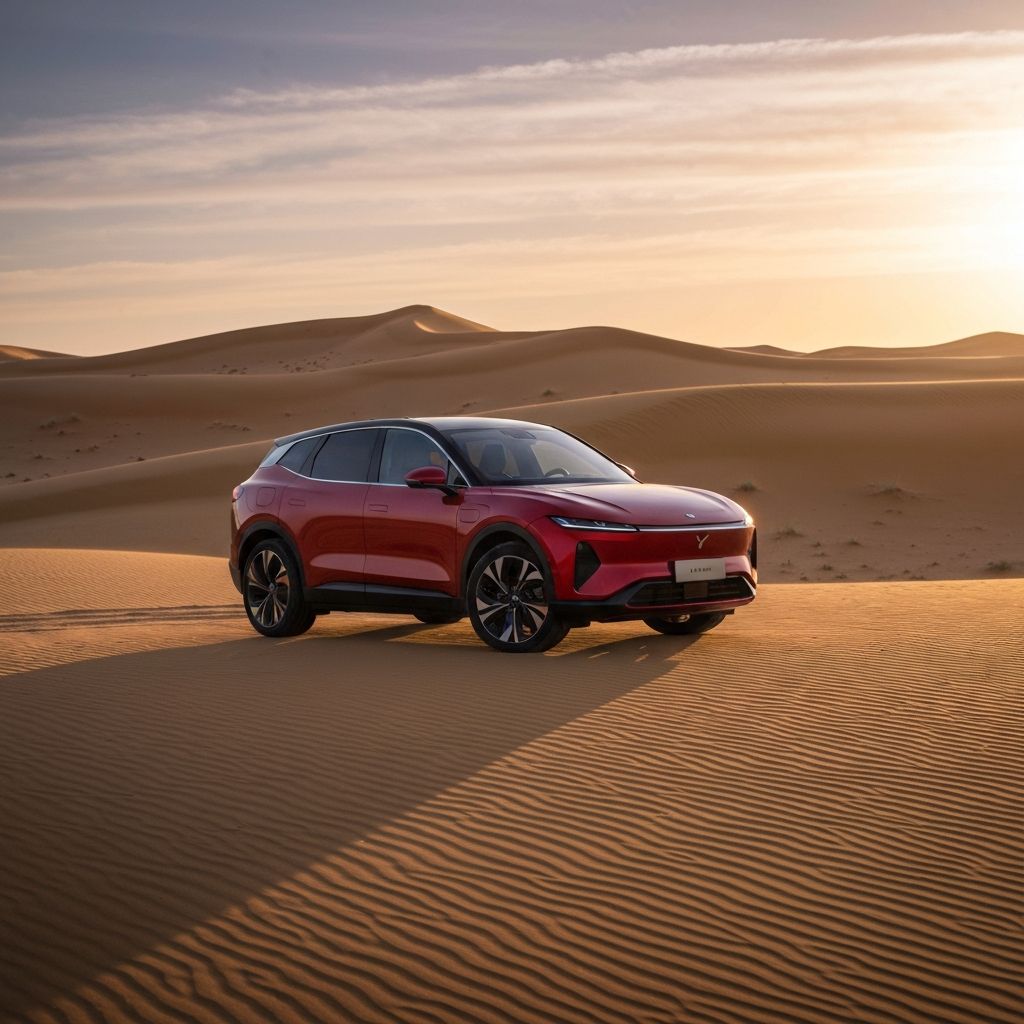 Electric SUV in desert sunset