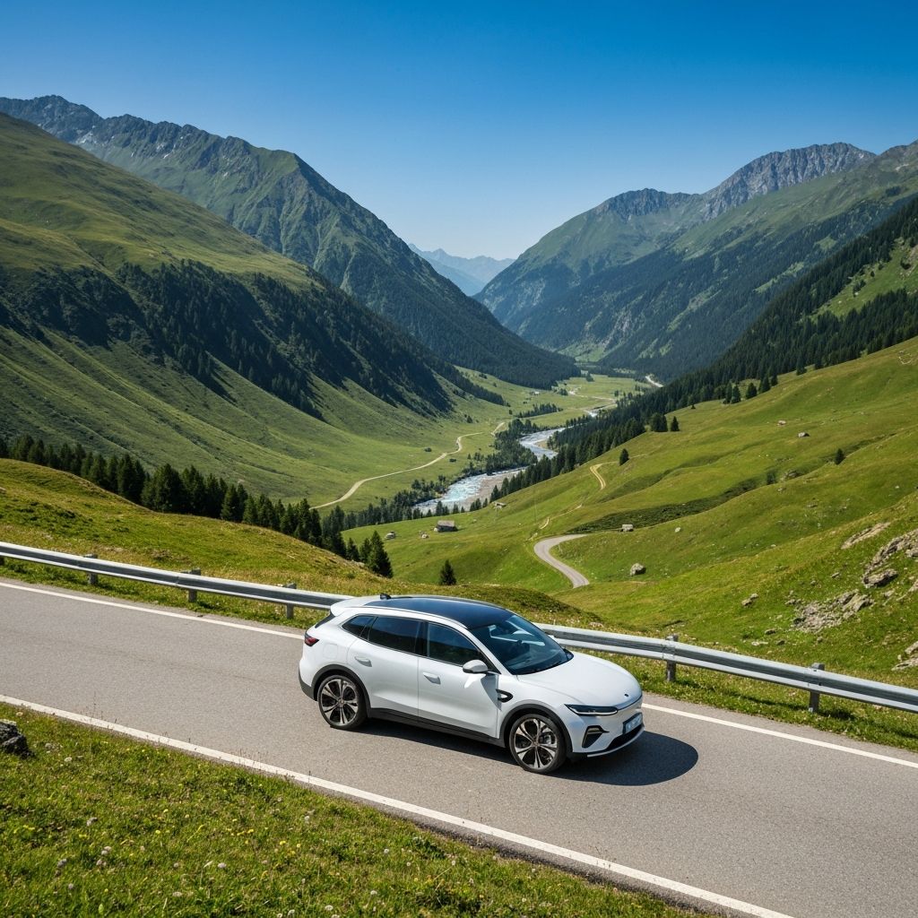 Electric SUV in mountain landscape