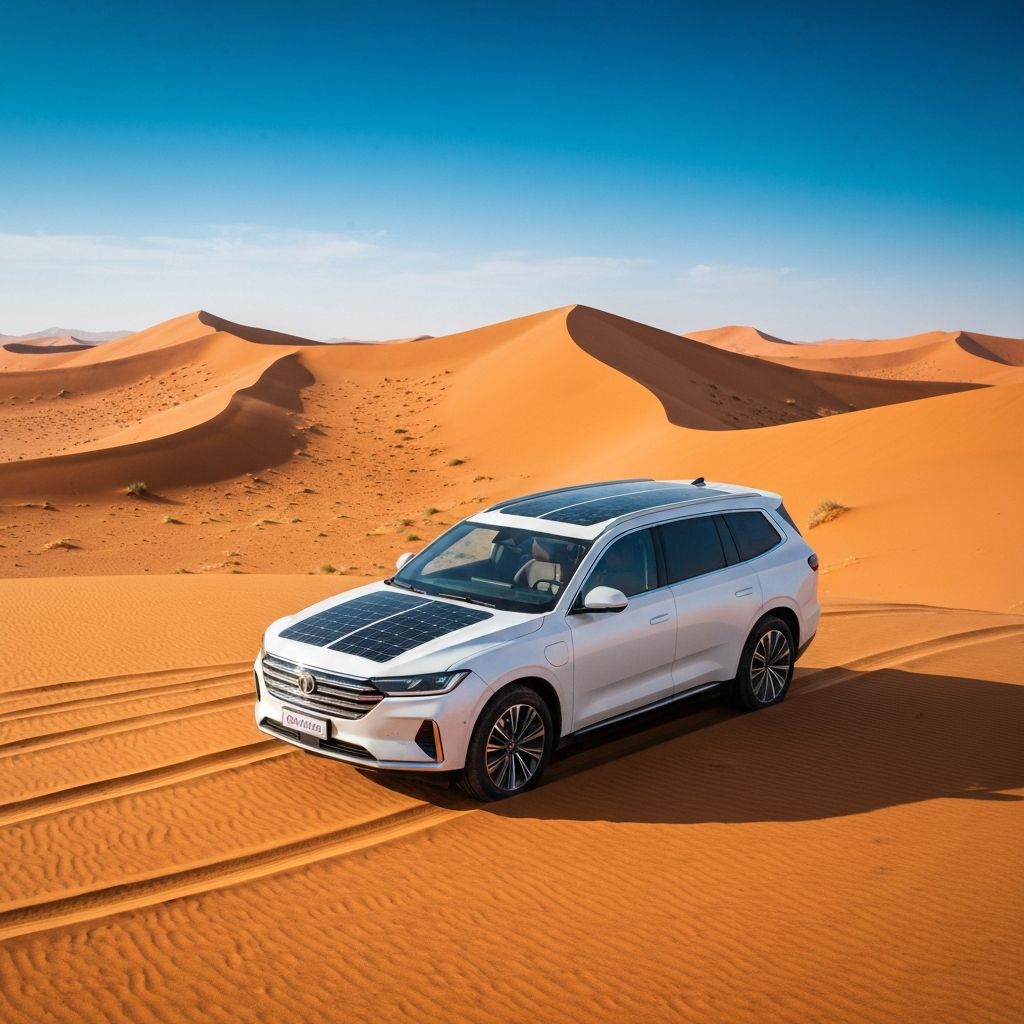 Electric SUV racing through orange desert
